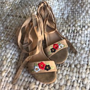 nude ankle wrap heel with cute floral embroidery